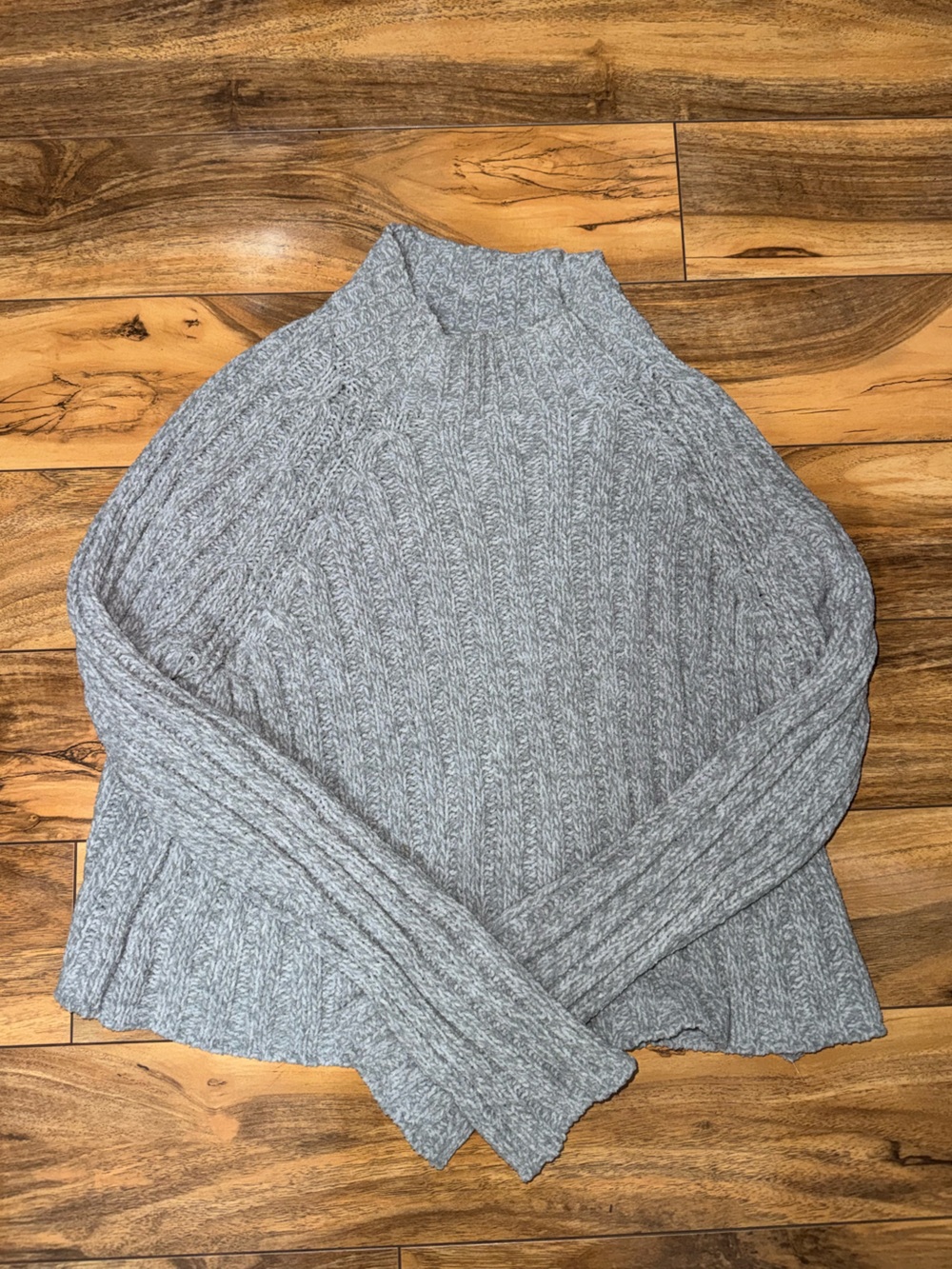 American Eagle Cozy Gray Cable-Knit Mock Neck Sweater